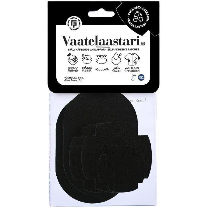 FabPatch vaatelaastari Yönmusta 5 kpl, helppo, hankaamalla kiinnittyvä tekstiilien korjauspaikka