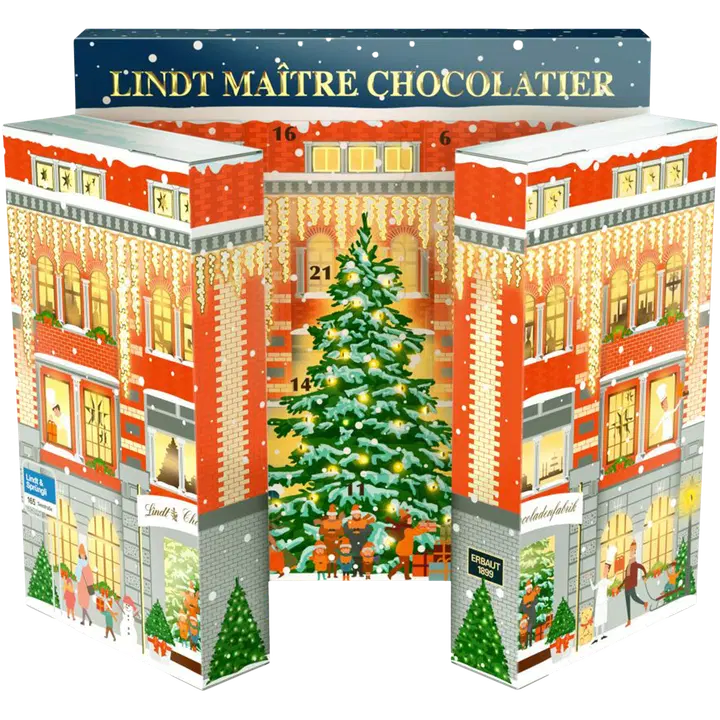 Lindt Tehdas suklaakalenteri maitosuklaakuvioita ja maito-, tumma- ja valkosuklaata pehmeillä täytteillä 304g