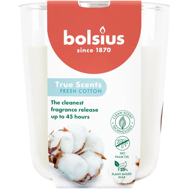 Bolsius True Scents – tuoksukynttilä lasissa – Fresh Cotton – suuri
