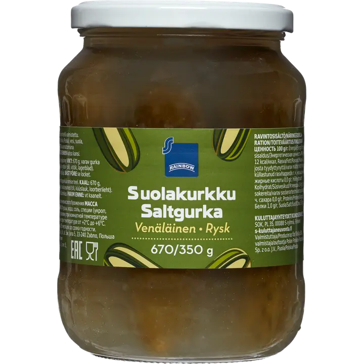Rainbow Maitohapatettu suolakurkku 670g