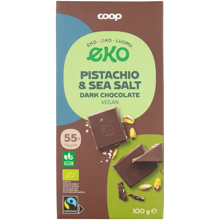 Coop Eko tumma suklaa 55 % pistaasi ja merisuola 100 g