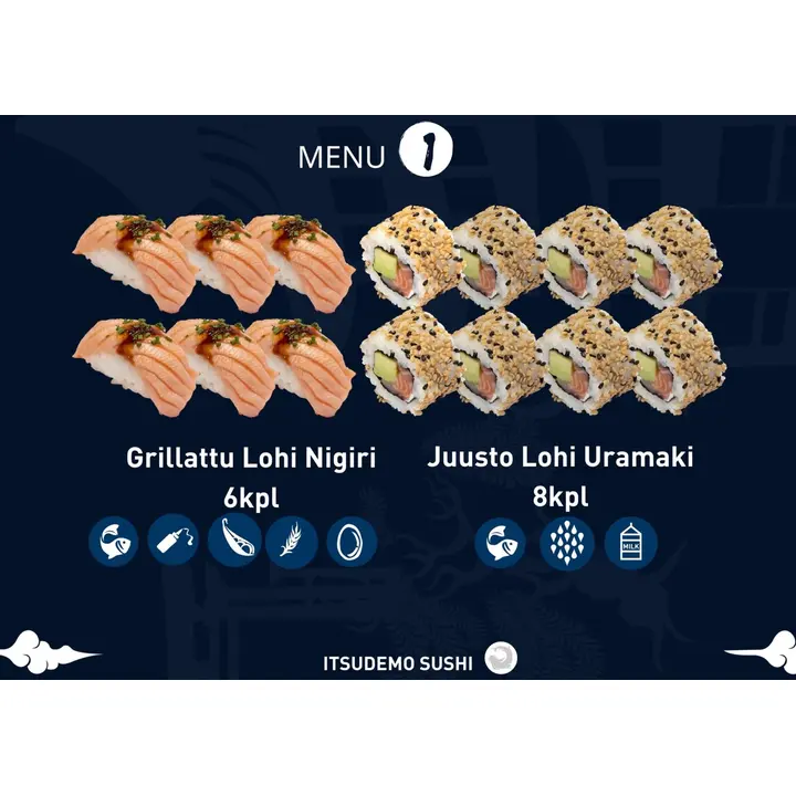 Itsudemo Sushi Box, 6*Grillattu Lohi nigiri, 8*Juusto Lohi Uramaki