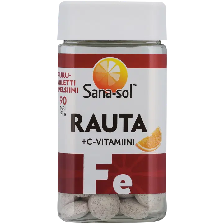 Sana-sol Rauta+C-vitamiini appelsiininmakuinen purutabletti ravintolisä 90tabl
