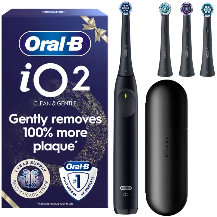 Oral-B iO2 -sähköhammasharja, Giftset, Musta, 4 vaihtoharjaa, matkakotelo