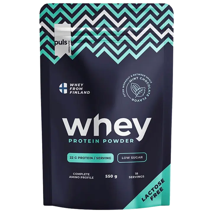 PULS WHEY Minttusuklaa proteiinijauhe 550g laktoositon kotimainen