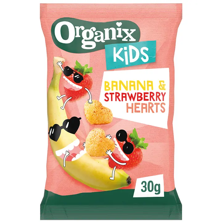 Organix Kids Banana & strawberry hearts luomu maissinaksu 30g