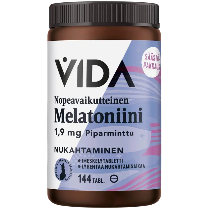 Vida ravintolisävalmiste Melatoniini 1,9 mg nopeavaikutteinen piparmintunmakuinen 144 tabl / 32 g
