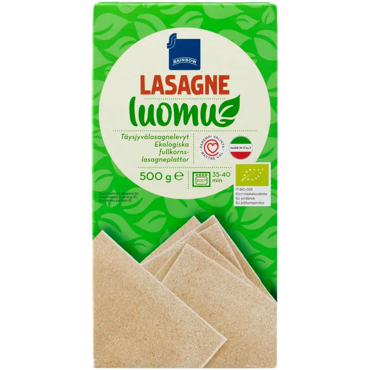 Rainbow Täysjyvälasagnelevyt Kananmunaton Luomu 500g