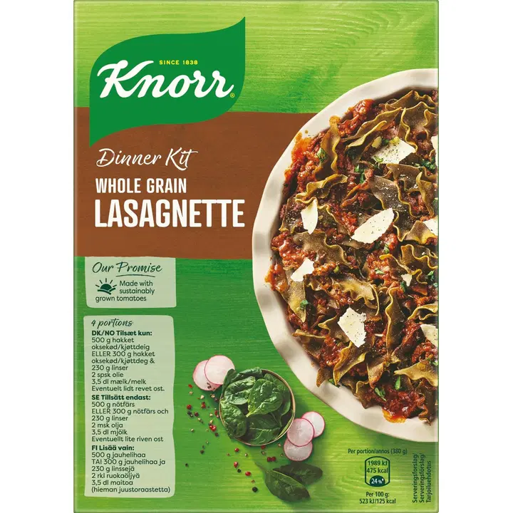 Knorr Täysjyvä Lasagnette ateria-aines Sisältää täysjyväpastaa 266 g 3–4 annosta