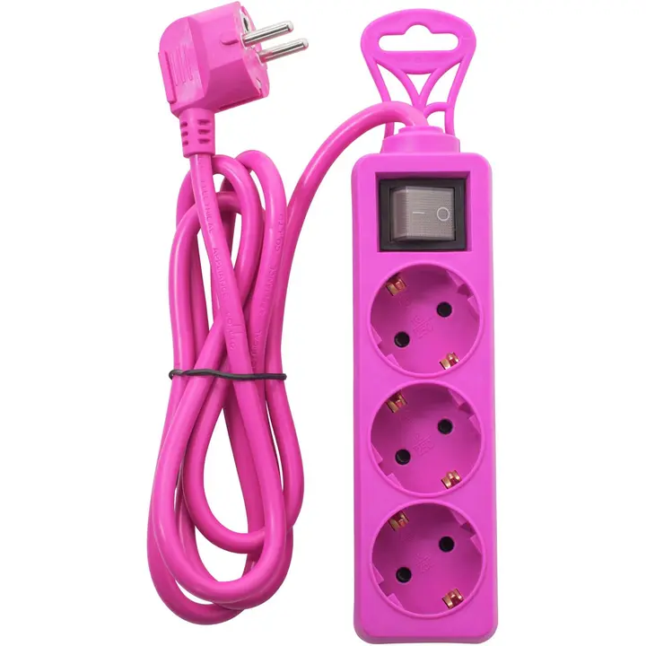 Airam 3-osainen jatkojohto kytkimellä 1,5m, pinkki