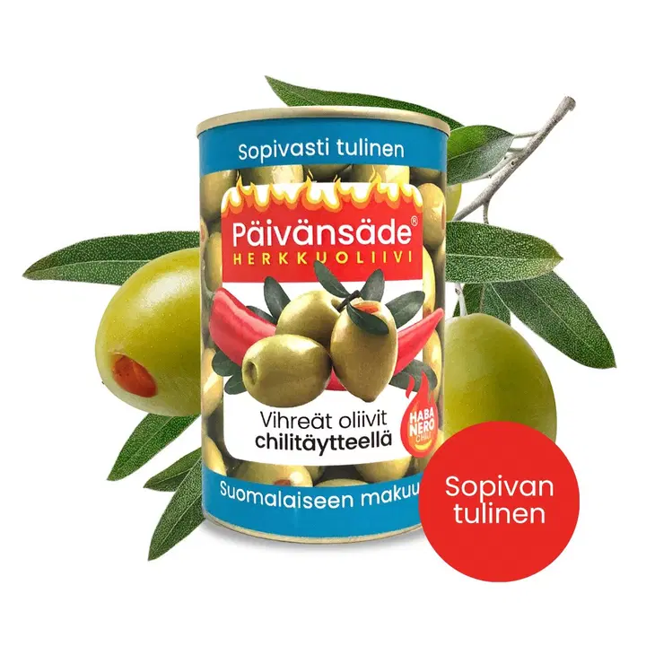 Päivänsäde Delikatess urkärnade gröna oliver med chilifyllning 300g/130g