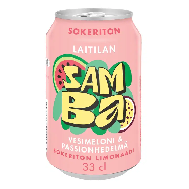 Laitilan Samba 0,33L vesimelonin- ja passionhedelmänmakuinen sokeriton limonaadi