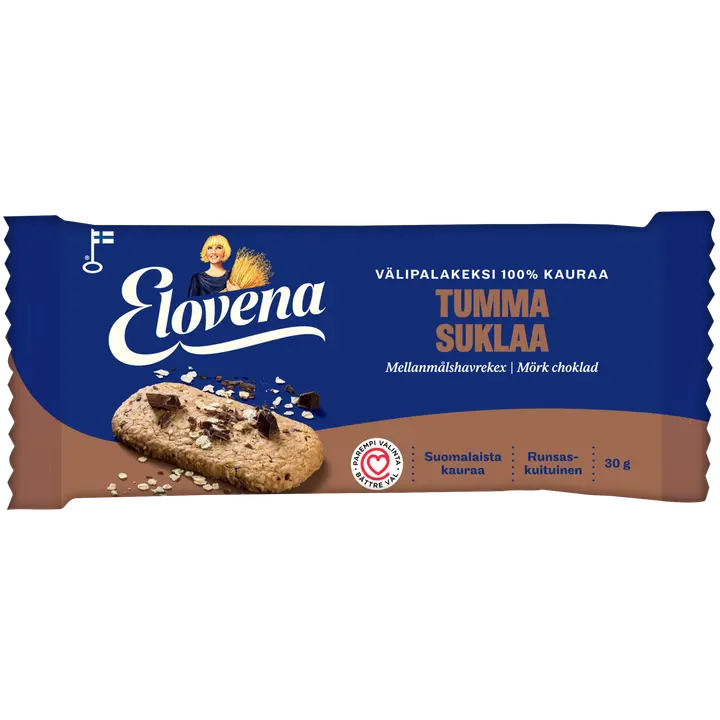 Elovena 30g tumma suklaa täysjyvävälipalakeksi 100% kauraa