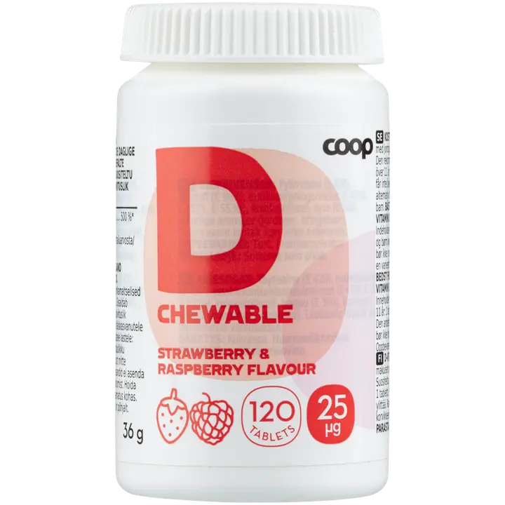 Coop D-vitamiini 25μg Mansikka-Vadelma 120 purutablettia
