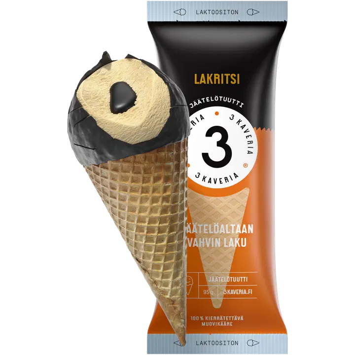 3 Kaveria Laktoositon Lakritsi jäätelötuutti 150ml/95g