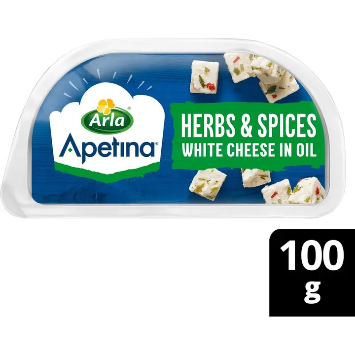 Arla Apetina 100/80g snack salaattijuusto kuutioina ja yrttejä öljymarinadissa.