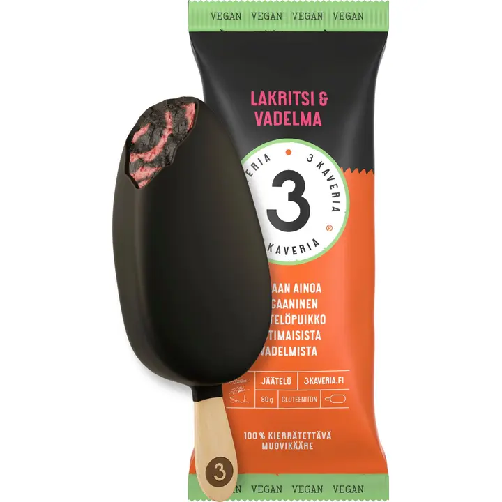 3 Kaveria Vegaaninen Lakritsi & Vadelma jäätelöpuikko 110ml/80g