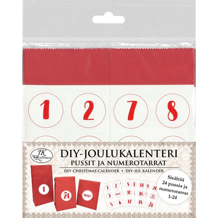 J.K. Primeco DIY-Joulukalenteri Pussit ja numerotarrat punainen 24kpl
