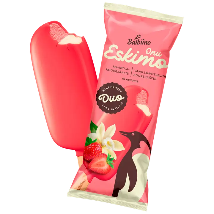Onu Eskimo maasika ja vanillimaitseline koorejäätis maasikaglasuuris 150ml/84g