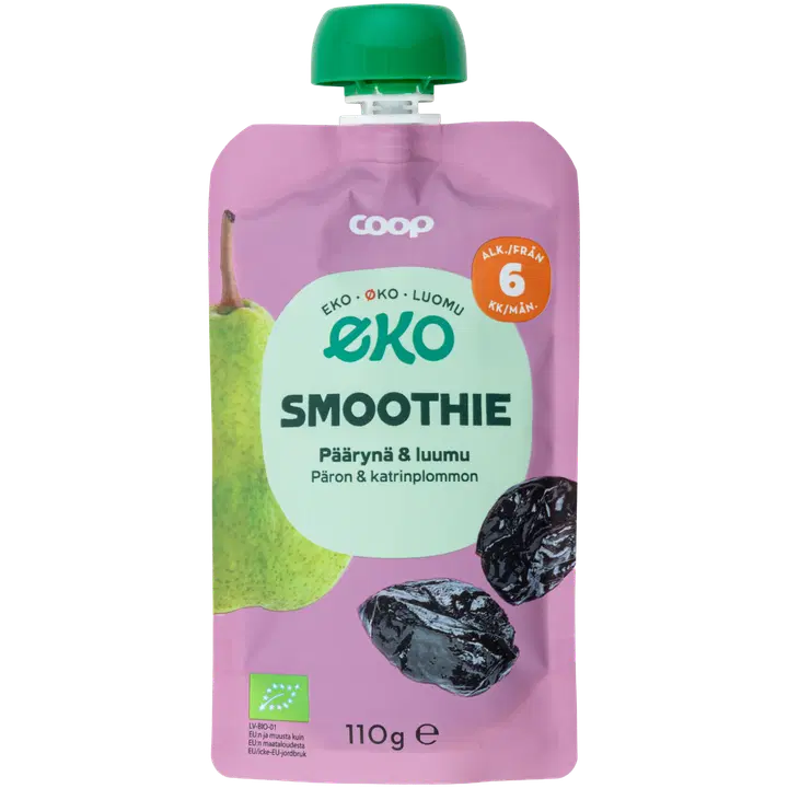Coop Eko smoothie päärynä & luumu luomu 110 g 6 kk