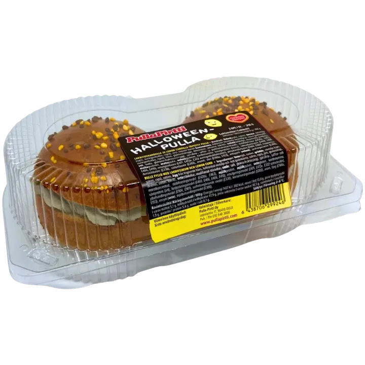 Pulla-Pirtti Halloween pulla 2/210 g laktoositon täytepulla lakritsivaahdolla ja lemon curdilla