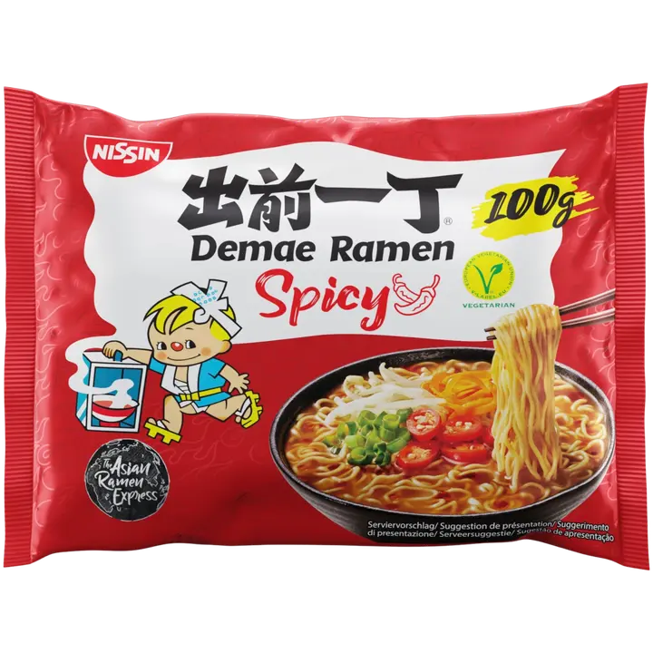 Nissin Demae Ramen japanilaistyylinen pikanuudelikeitto, mausteisen makuinen 100g