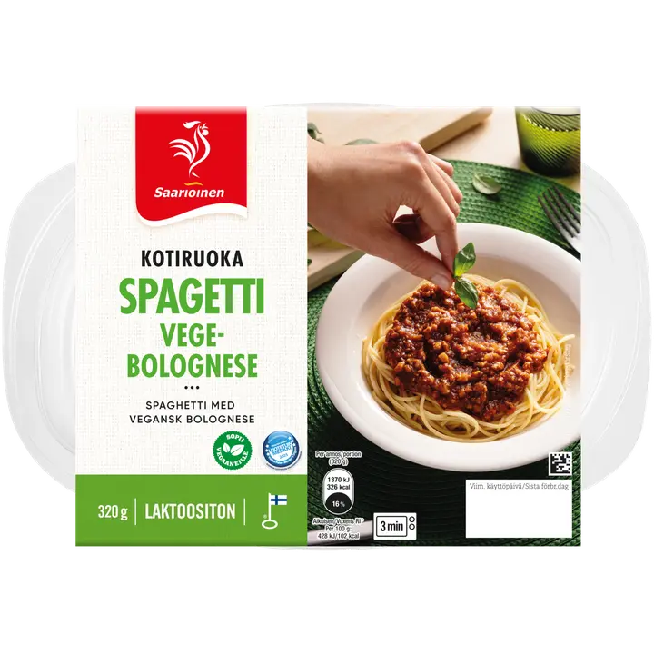 Saarioinen Spagetti Vegebolognese, spagettia ja tomaattista härkäpapukastiketta 320g