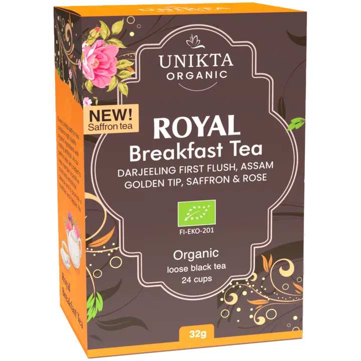 Unikta royal breakfast tea. Luomu korkealaatuinen musta teesekoitus 32g irto 24 kuppia. Sisältää  kevään ensisadon Darjeeling SFTGFOP1 Assam tippy golden SFTGFOP ruusua ja sahramia.