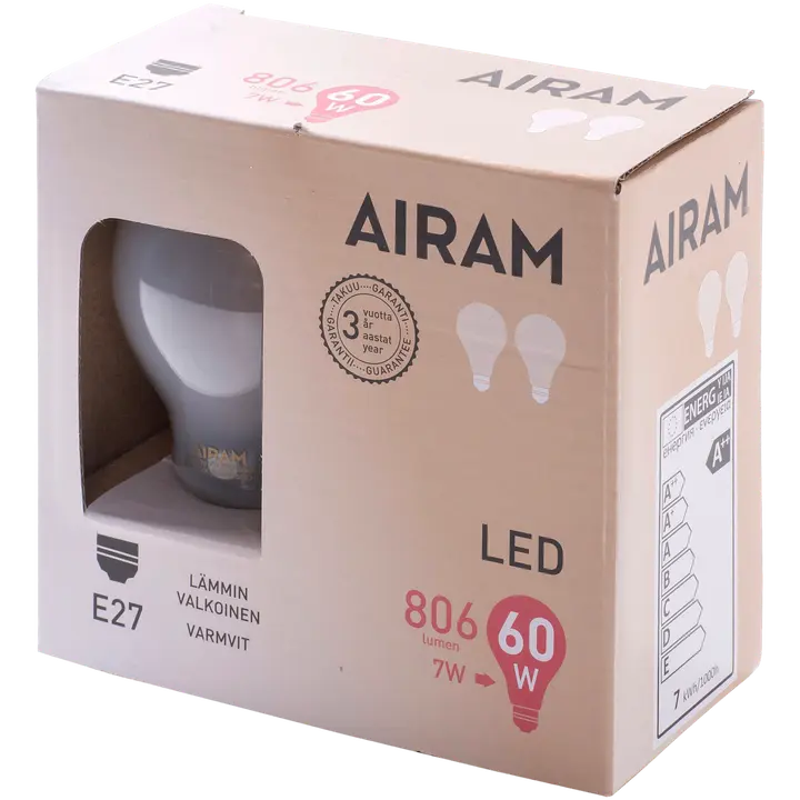 Airam Led himmeä 7W vakio E27 2700K 806lm 12 000h 2pack