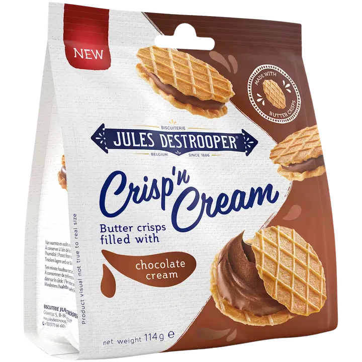 Jules Destrooper Crisp 'n Cream Chocolate 114g, Voikeksejä, joissa suklaakreemitäytettä