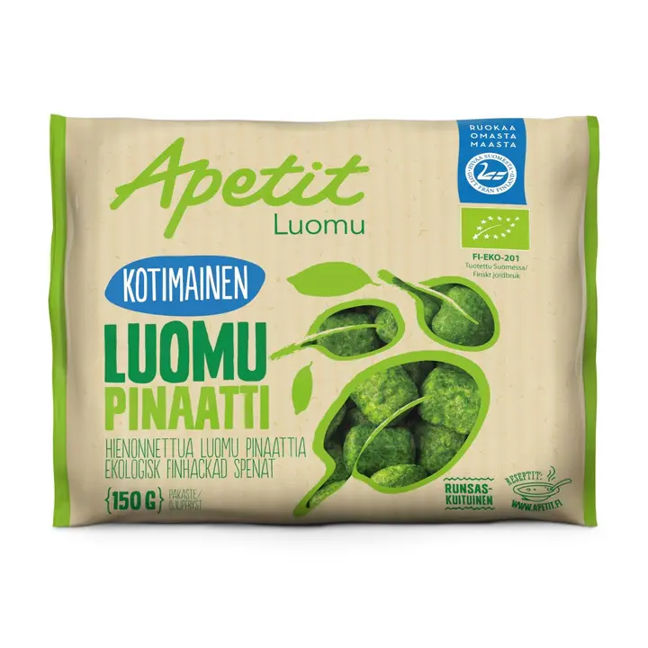 Apetit Kotimainen Luomu Pinaatti hienonnettua pinaattia paloina pakaste 150g