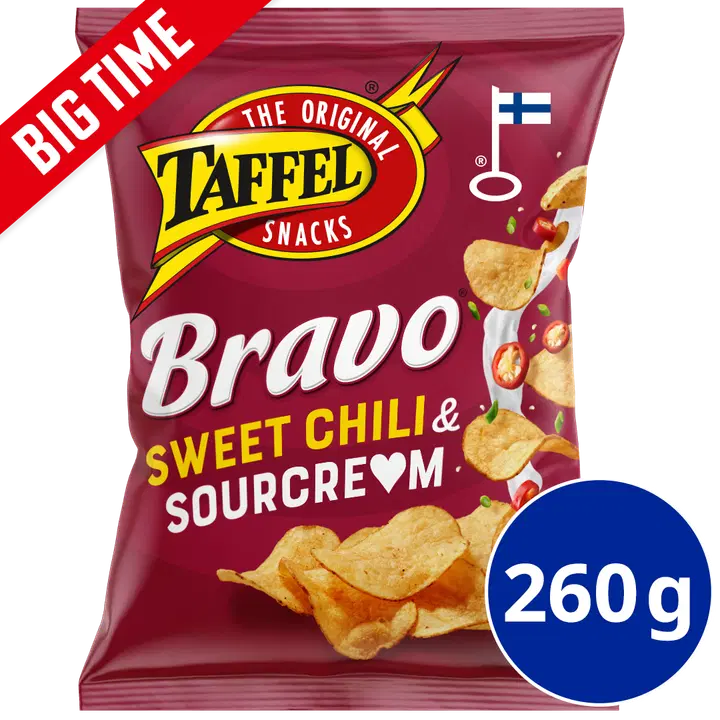 Taffel Bravo sourcream & sweet chili kryddade chips 260g