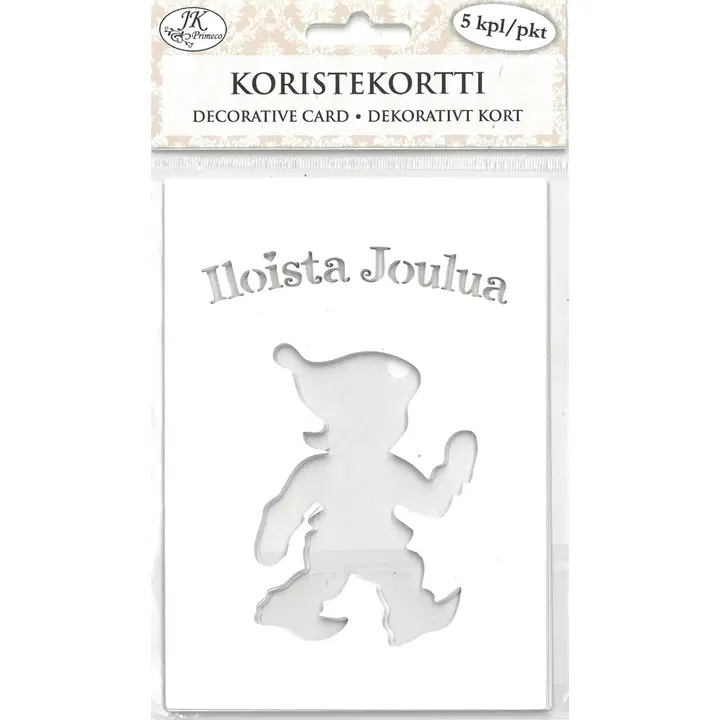 J.K. Primeco Koristekortti Tonttu ja teksti valkoinen 5kpl