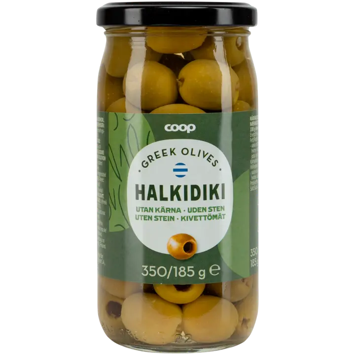 Coop Halkidiki kivettömät vihreät oliivit 350/185 g