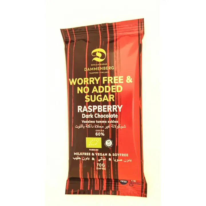 Dammenberg 60% Luomu, vegaani, soijaton, sokereoimaton vadelma tumma suklaalevy 70g