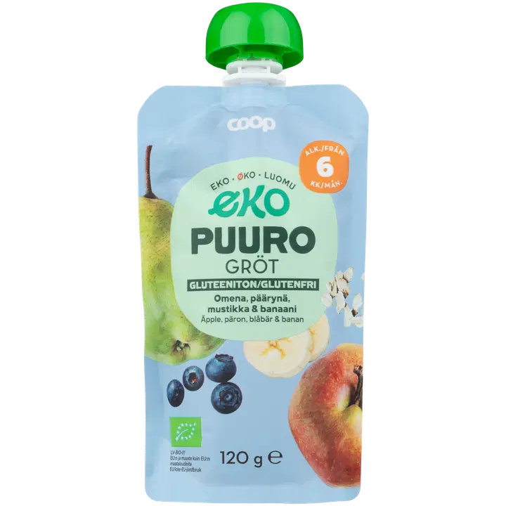 Coop Eko gluteeniton puuro omena, päärynä ja mustikka luomu 120 g 6 kk