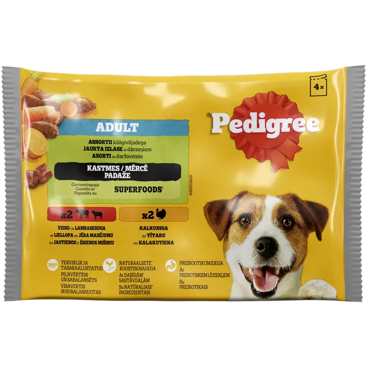 Pedigree koeraeine 4-pakk looma- ja küülikulihaga/kalkuniliha ja porganditega kastmes, 4x100g