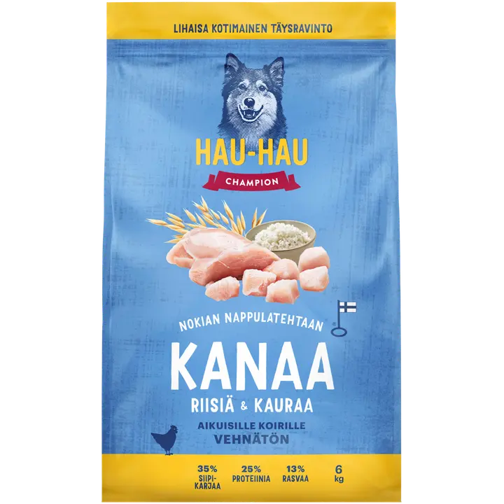 Hau-Hau Champion Nokian Nappulatehtaan Kanaa, riisiä & kauraa täysravinto aikuisille koirille 6 kg