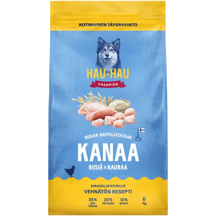 Hau-Hau Champion Nokian Nappulatehtaan Kanaa, riisiä & kauraa täysravinto aikuisille koirille 6 kg