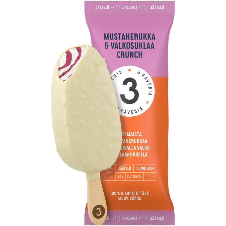 Kolmen Kaverin Jäätelö Mustaherukka & Valkosuklaa Crunch jäätelöpuikko 110ml/80g