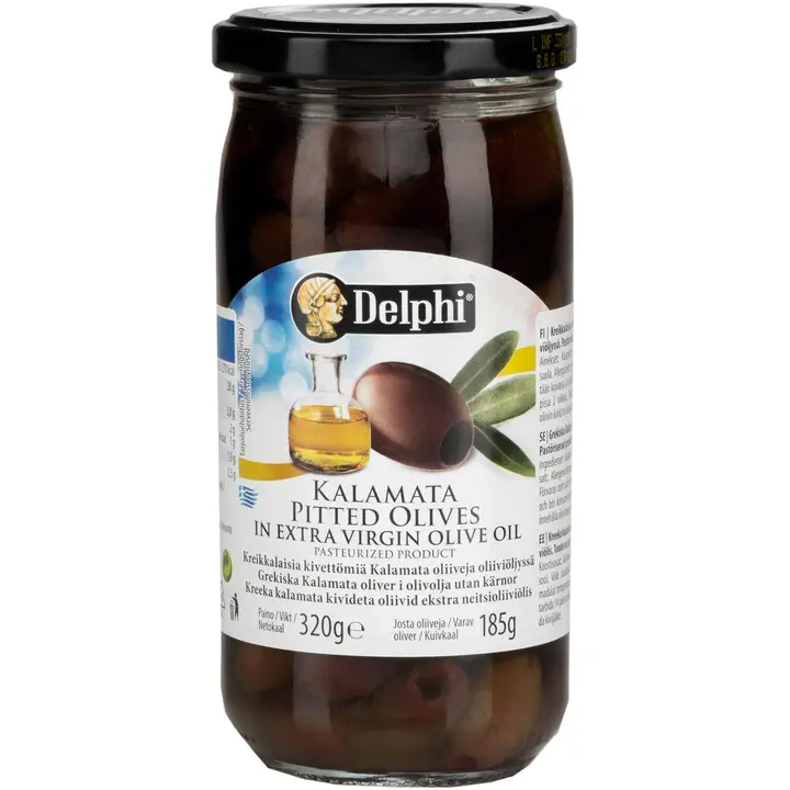 Delphi 340/185g kalamataoliivi kivetön oliiviöljyssä
