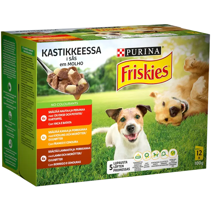 Friskies 12x100g Adult Nautaa, Lammasta ja Kanaa kastikkeessa lajitelma 3 varianttia