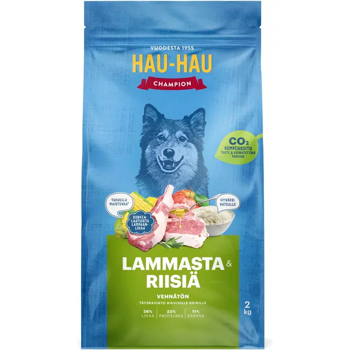 Hau-Hau Champion Lammasta ja riisiä täysravinto aikuisille koirille 2 kg