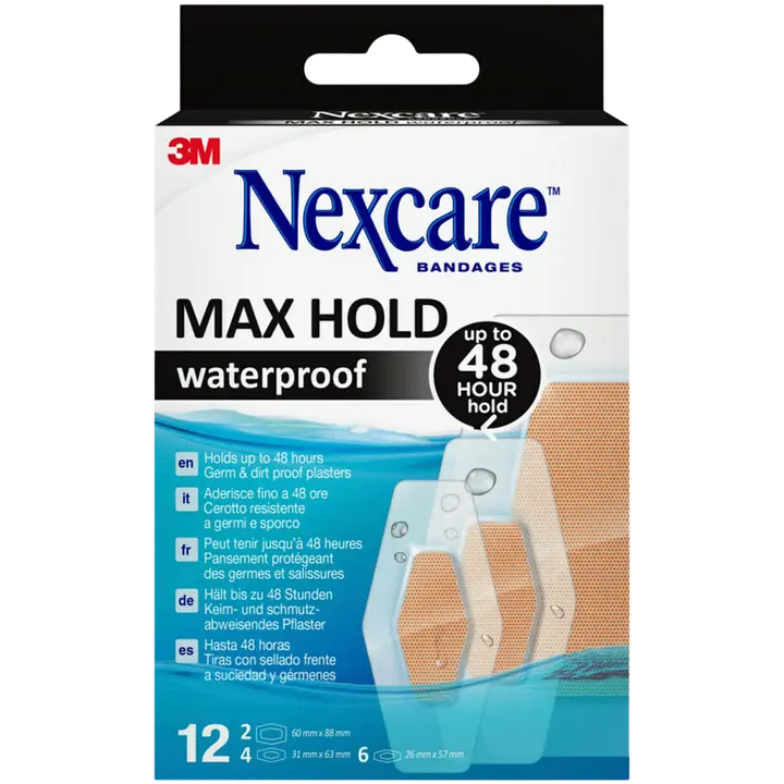 Nexcare™ Max Hold Waterproof -laastarit, lajitelma, 12 kpl