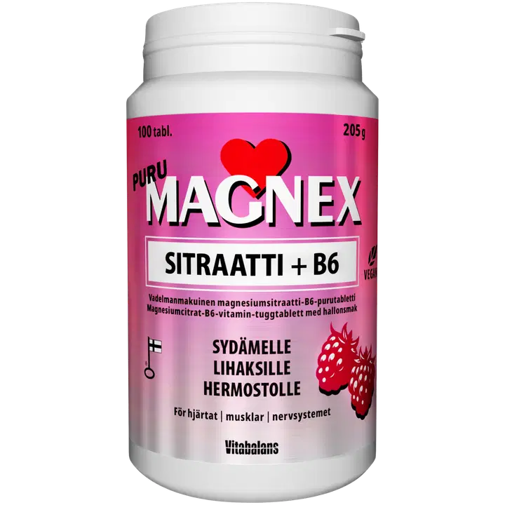 Magnex Sitraatti 375mg +B6 Puru Vadelma 100 tabl.