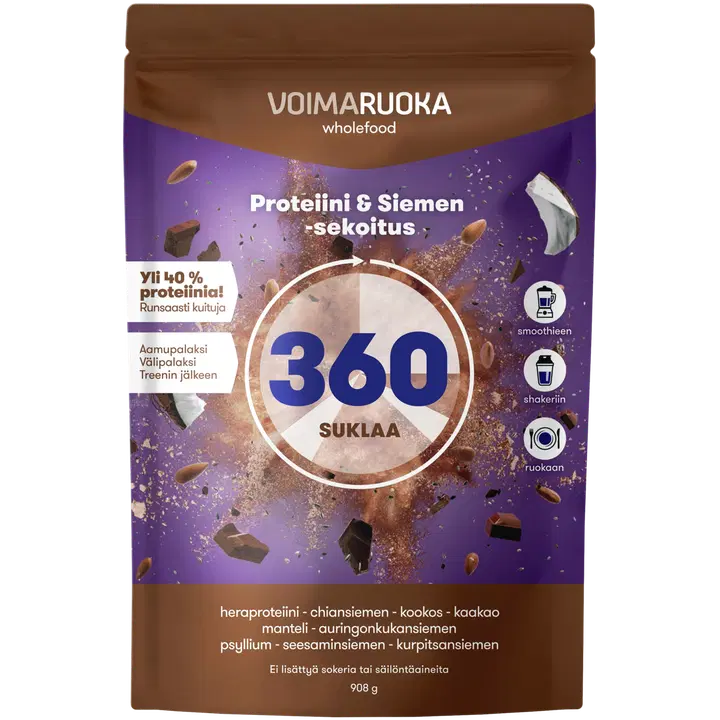 Voimaruoka 360 Wholefood suklaan makuinen proteiini-siemensekoitus 908g