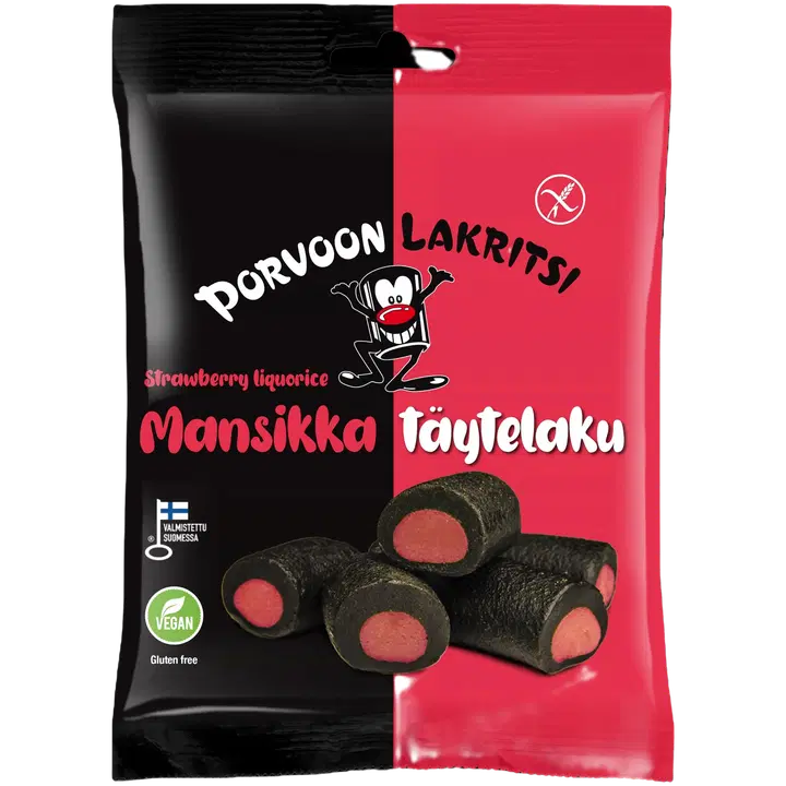 Porvoon Lakritsi Gluteeniton täytelakritsi mansikka150g mansikanmakuinen täytelakritsi