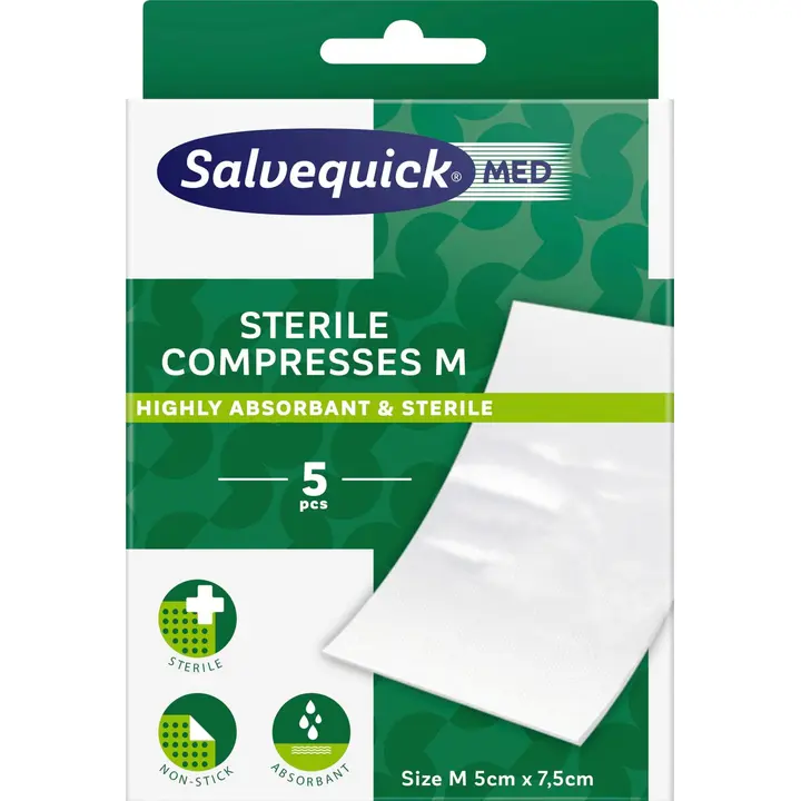 Salvequick MED Sterile Compresses M steriili, erittäin imukykyinen sidetaitos 5kpl