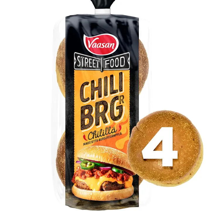 Vaasan Street Food Chili BRGR 320 g 4 kpl Chilillä maustettu burgerisämpylä