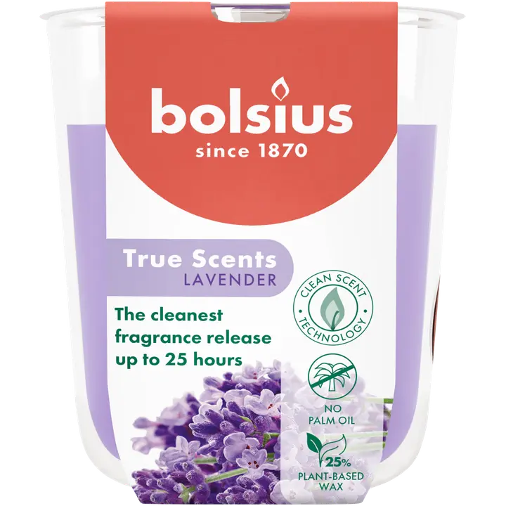 Bolsius True Scents – tuoksukynttilä lasissa – Lavender – sinivioletti – pieni